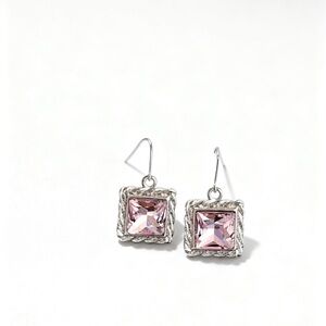 Pink Square Crystal Drop Earrings - Silver Tone